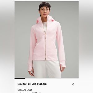 lululemon scuba full zip in the color strawberry milkshake/gold.